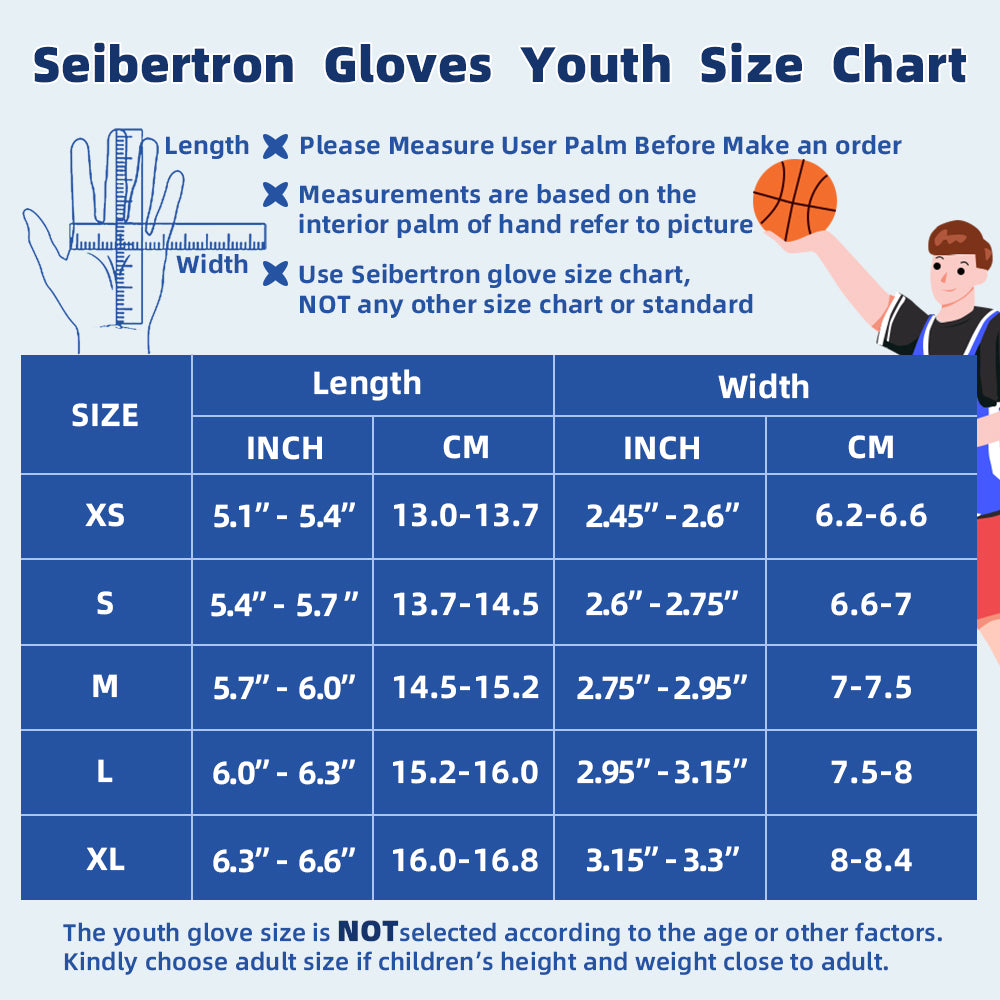 Seibertron youth basketball gloves size chart