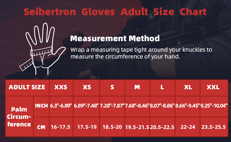 Seibertron S.O.L.A.G-T three fingerless tactical gloves size chart