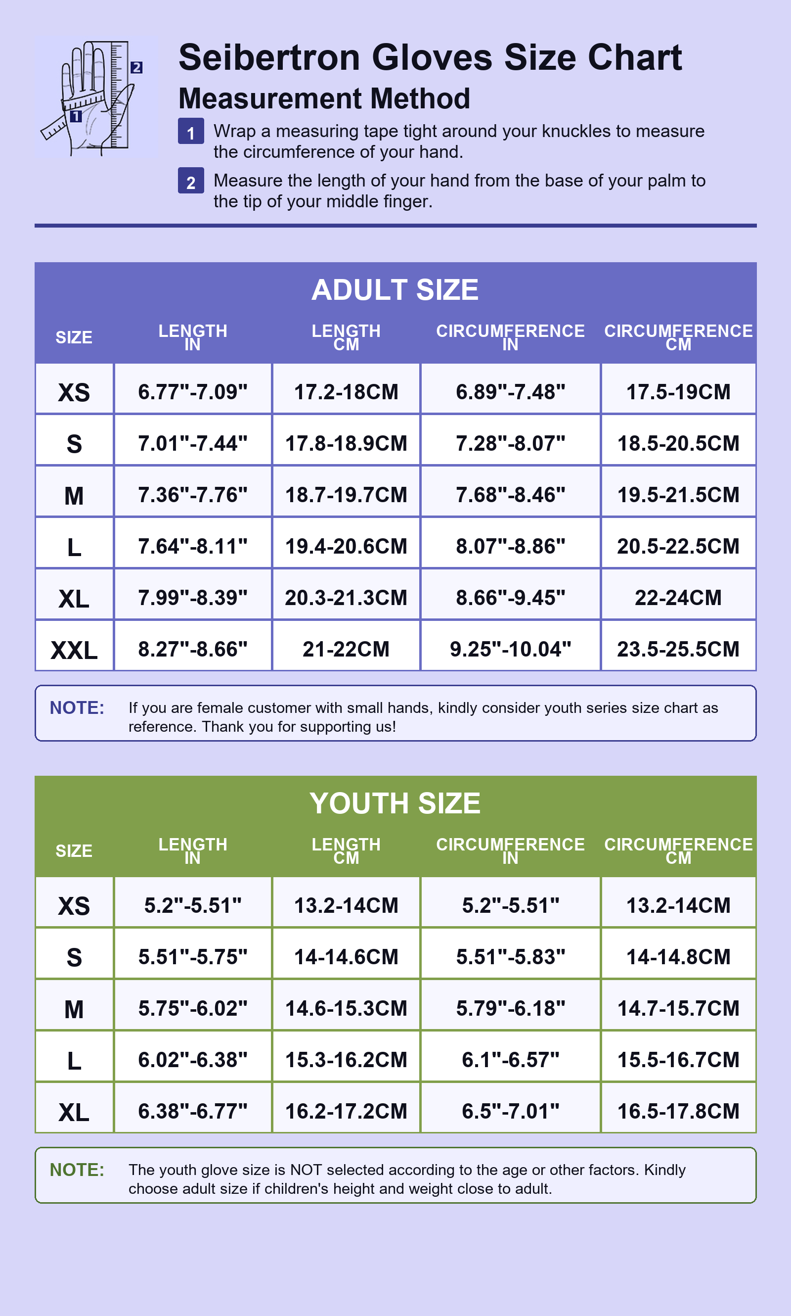 Seibertron B-A-R PRO 2.0 adult and youth batting gloves size chart