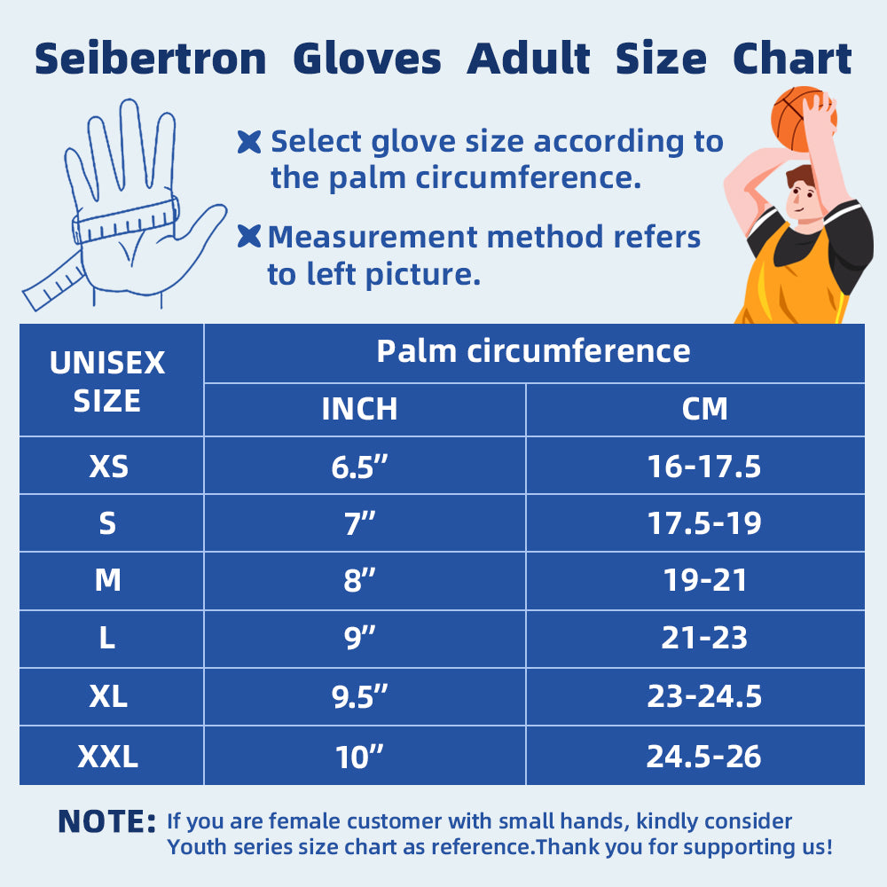 Seibertron adult basketball gloves size chart