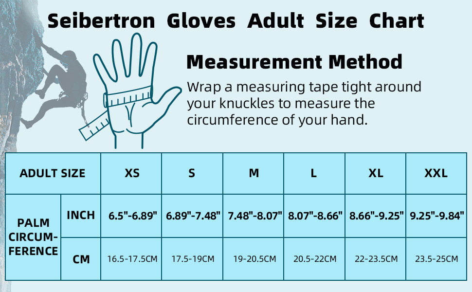Seibertron half finger climbing gloves adult size chart