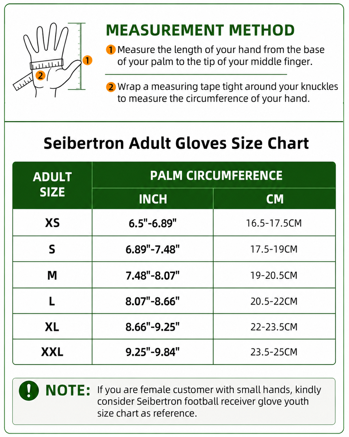 Seibertron padded palm half finger climbing gloves adult size chart with hand measurement method