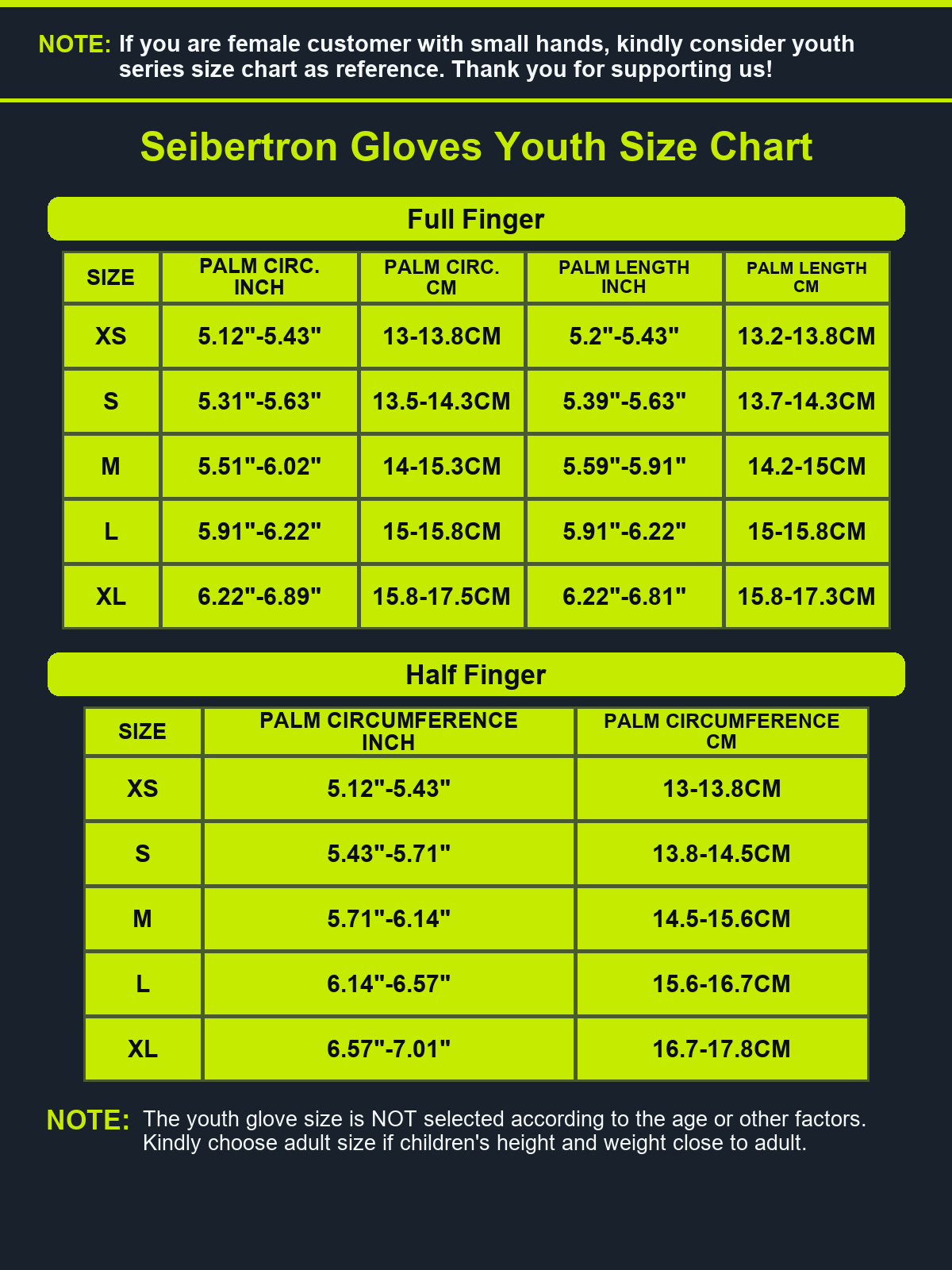 Seibertron Dirtclaw youth motocross gloves size chart