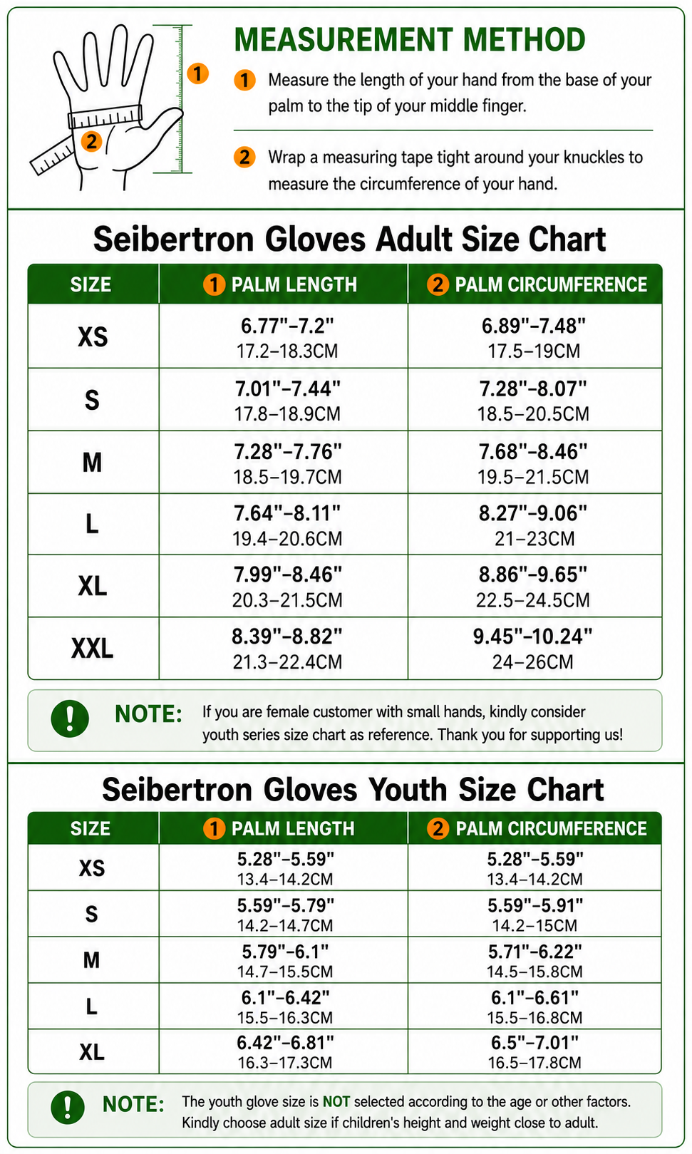 Seibertron G.A.R.G 2.0 adult and youth football gloves size chart with hand measurement method