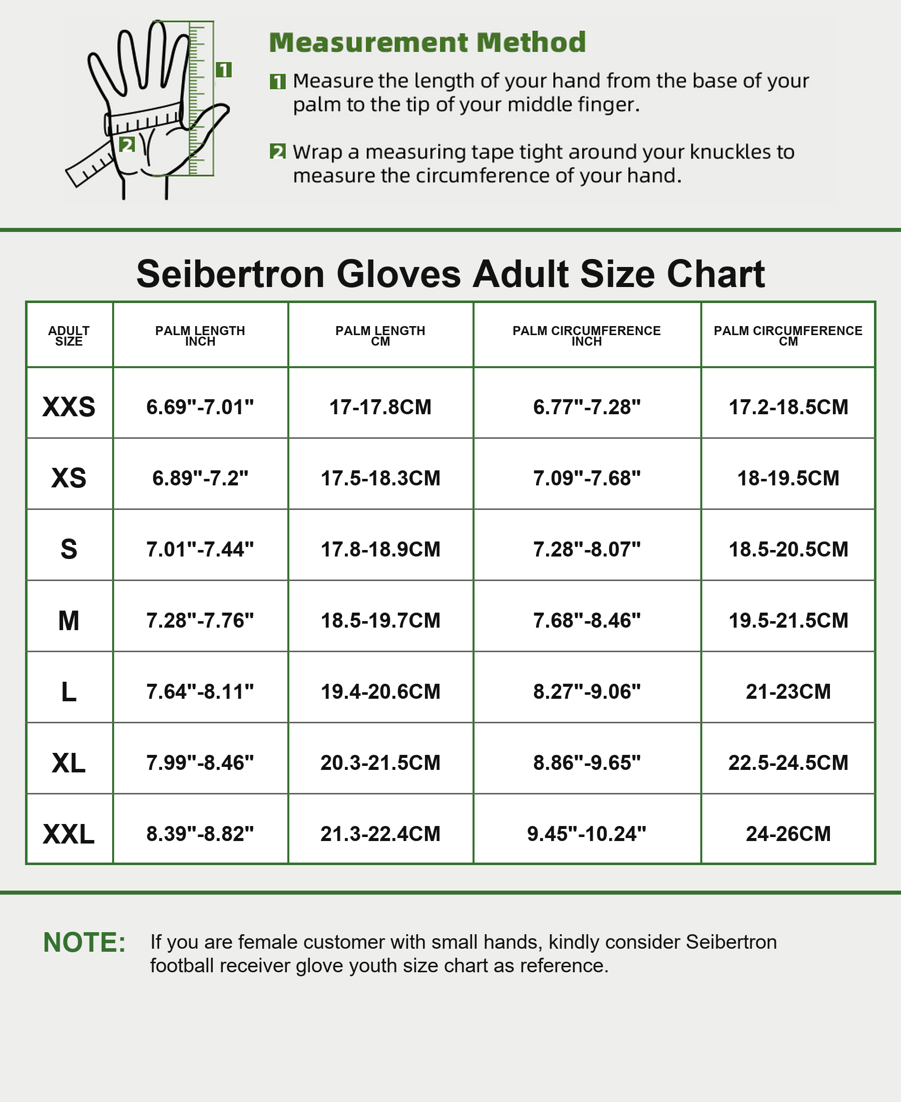 Seibertron American football receiver adult gloves wide vertical size chart