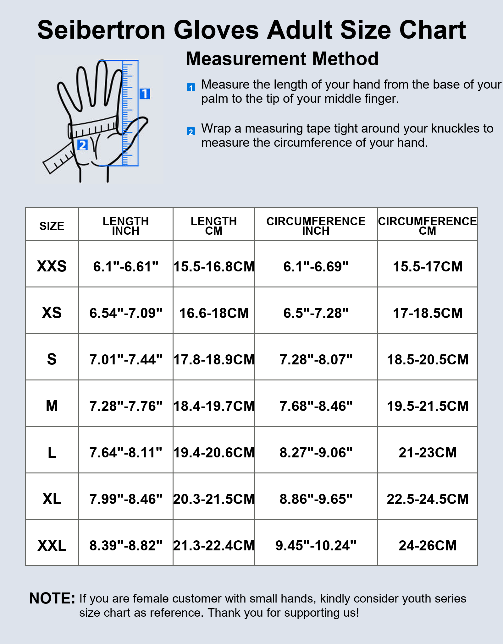 Seibertron H.P.I.R.G football receiver gloves unisex size chart