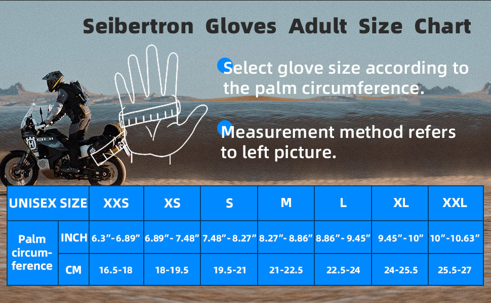 Seibertron S.C.W.G 2.0 winter gloves adult size chart