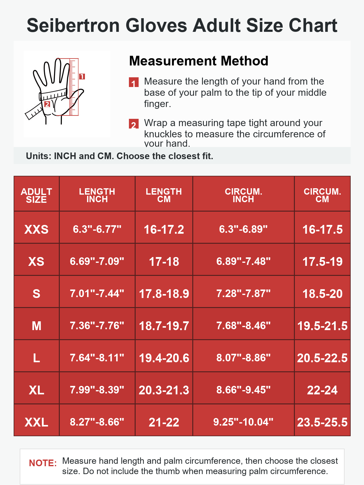 Seibertron S.O.L.A.G-HI 2.0 half index finger gloves vertical size chart