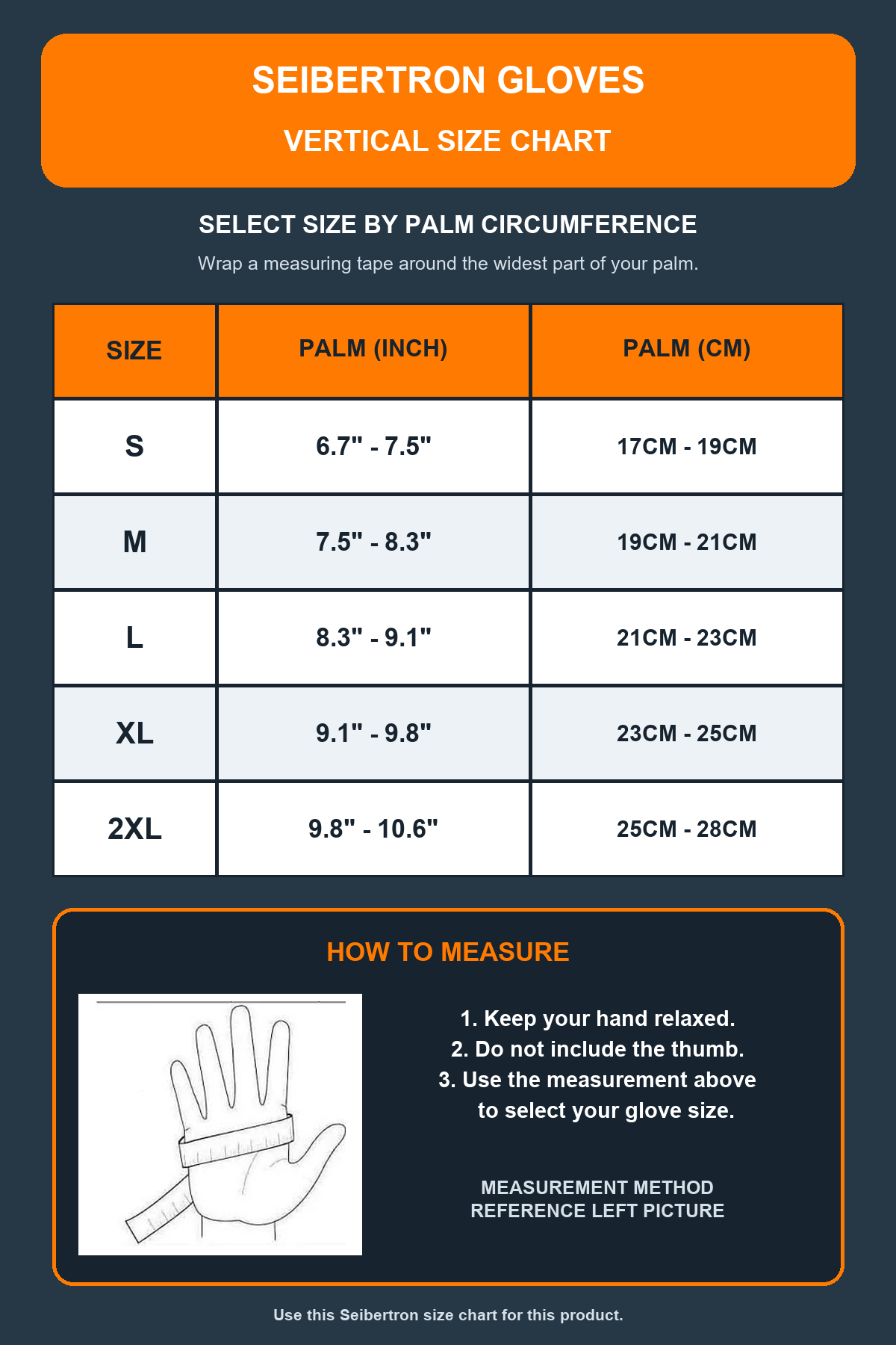 Seibertron SP2 motorcycle gloves vertical unisex palm circumference size chart with large text