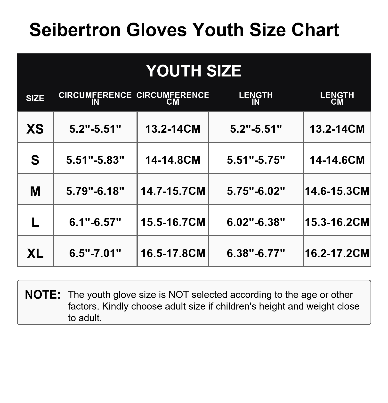 Seibertron S.P.B.G 2.0 youth batting gloves size chart