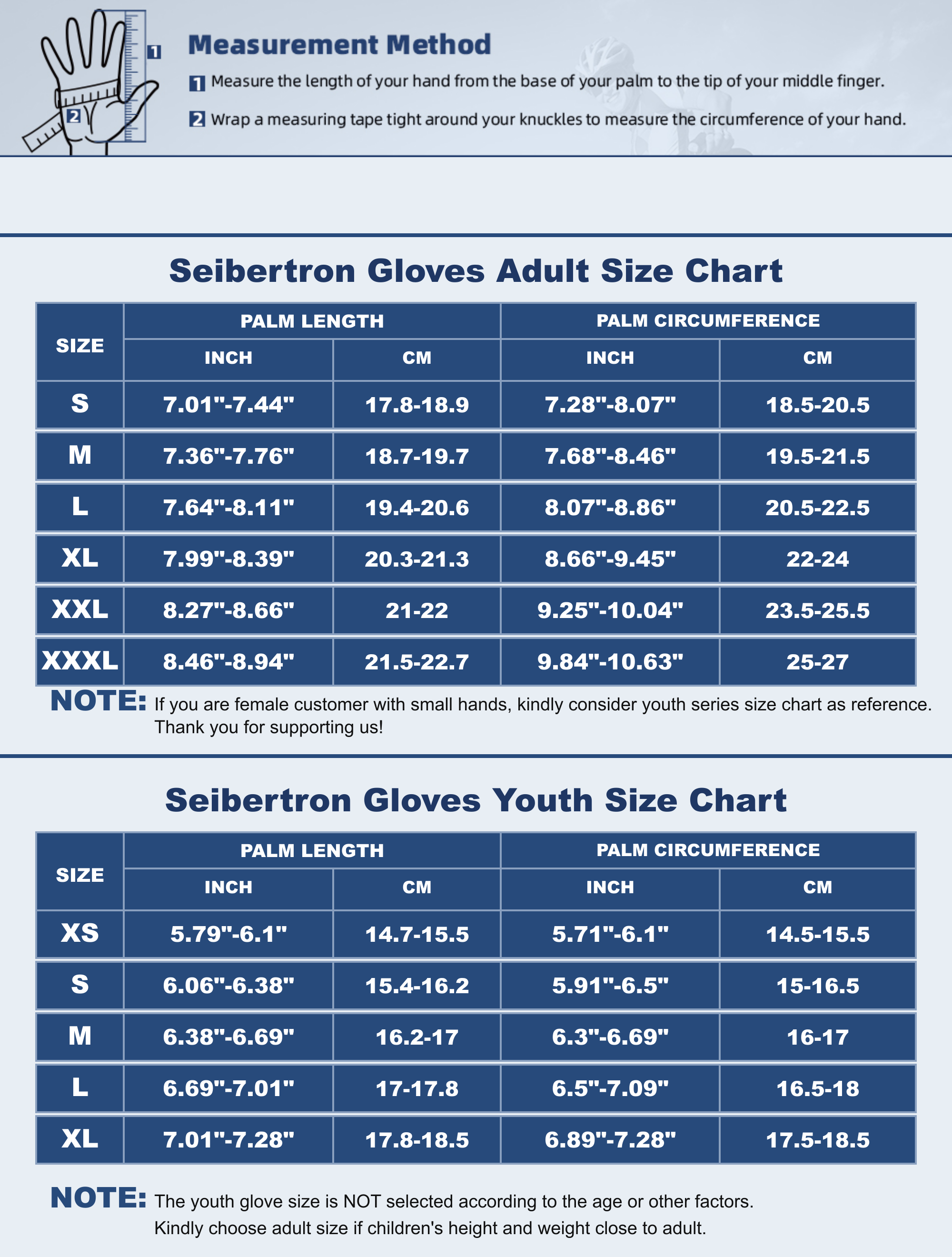 Seibertron SPS-1 motorcycle gloves adult and youth size chart