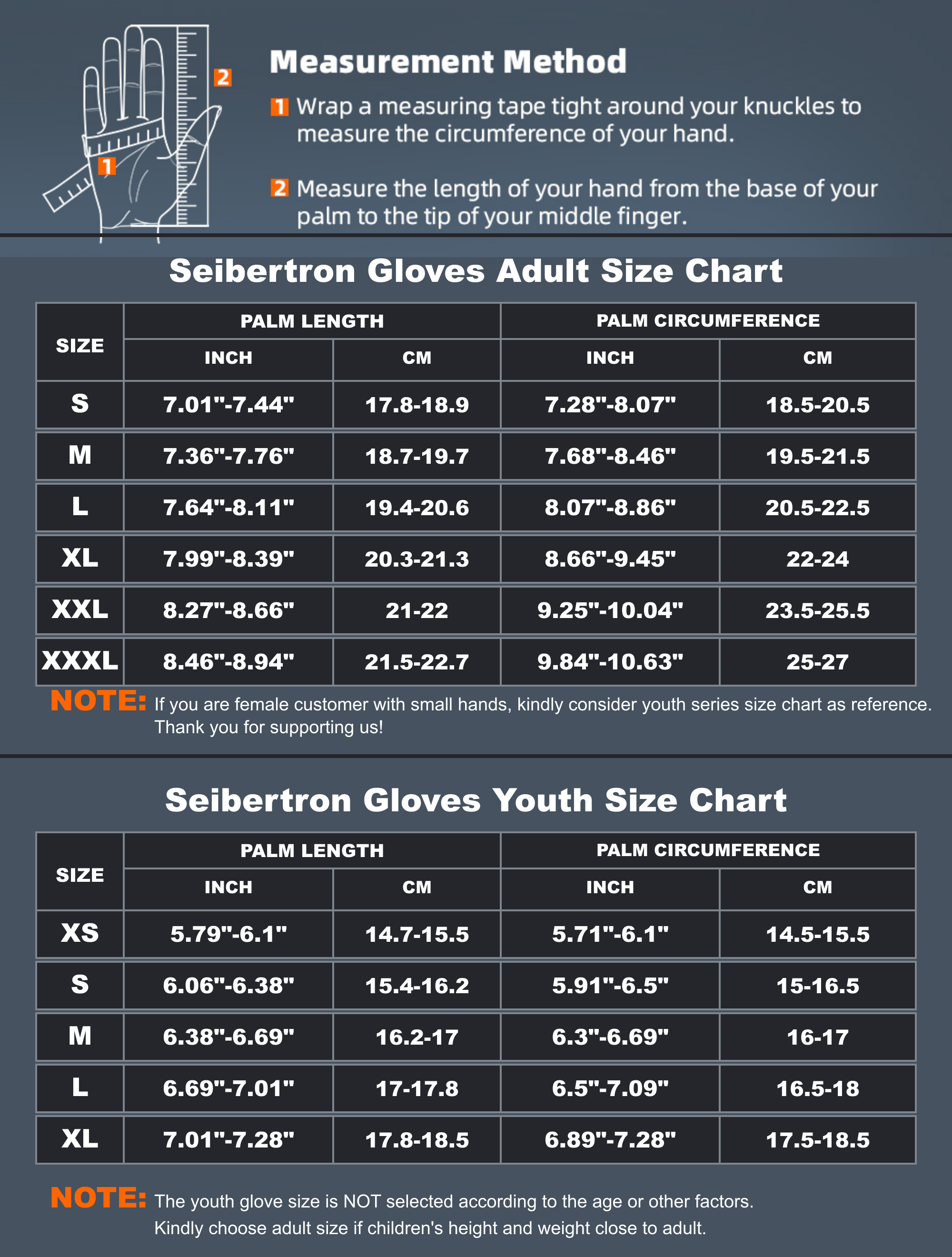 Seibertron SPS-2 full finger motorcycle gloves adult and youth size chart