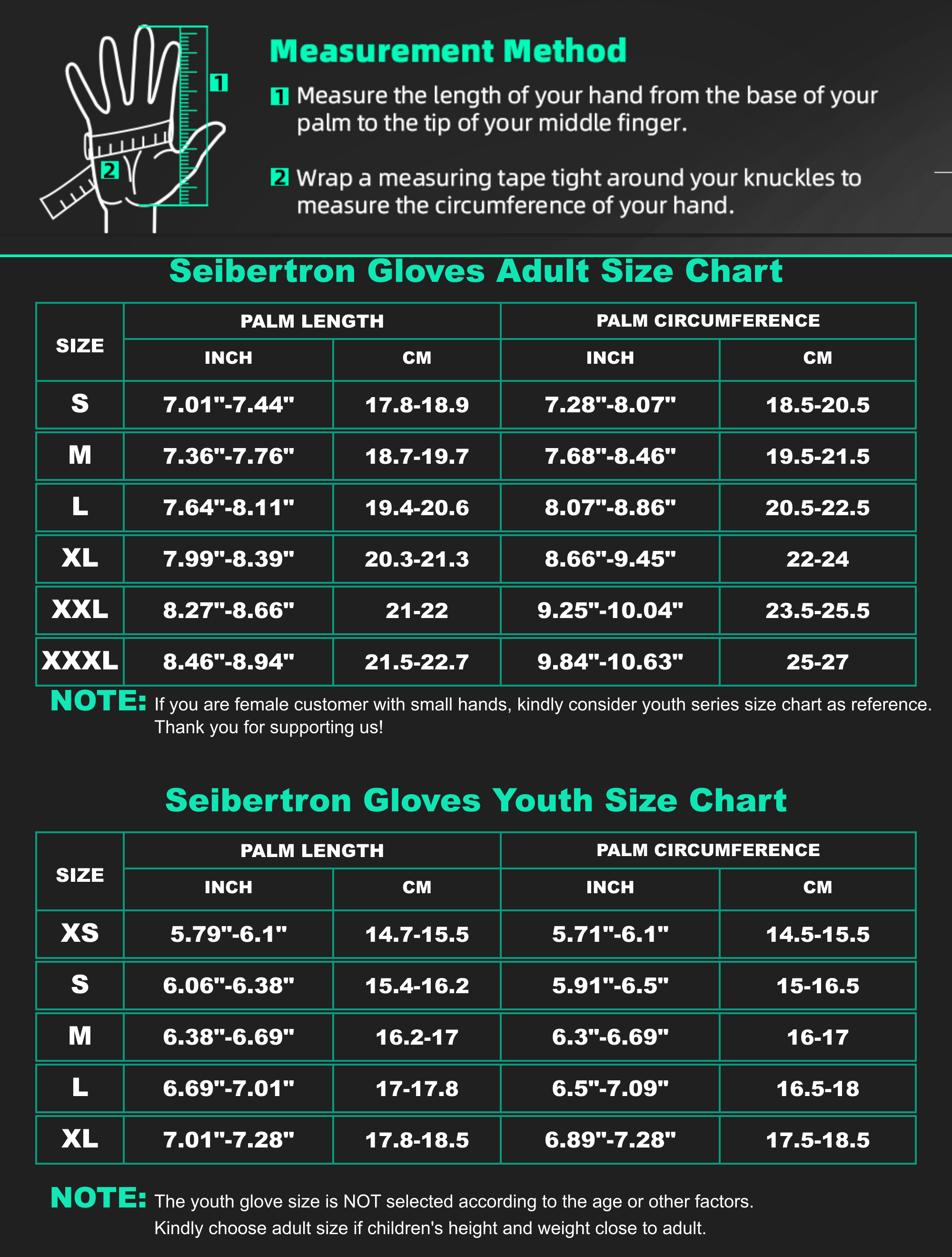 Seibertron SPS-3 motorcycle gloves adult and youth size chart