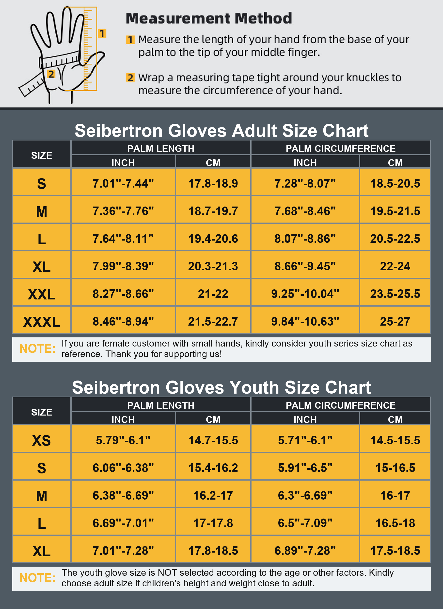 Seibertron SPS-4 Plus 3M Thinsulate motorcycle gloves adult and youth size chart