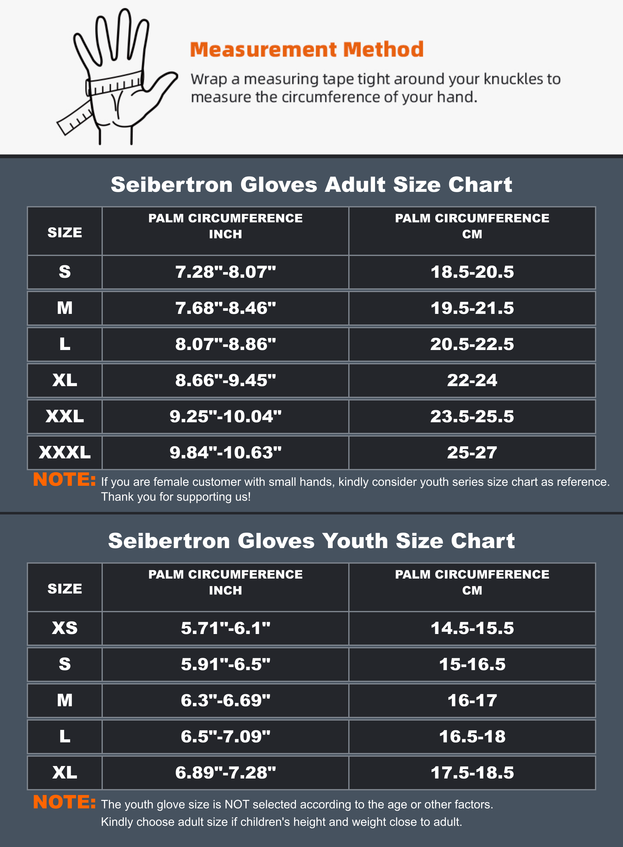 Seibertron SPS-5 motorcycle gloves adult and youth size chart