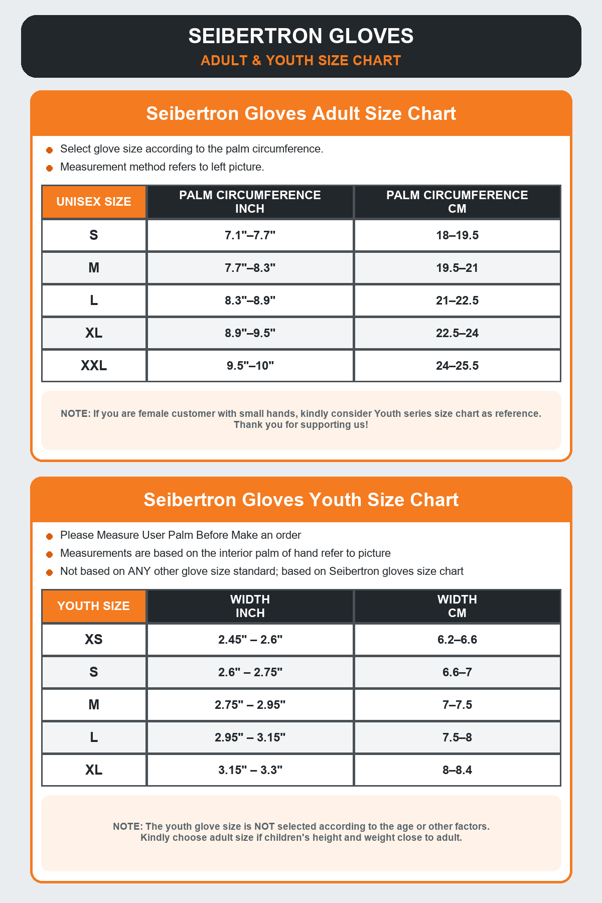 Seibertron SPS-5 motorcycle gloves vertical adult and youth size chart