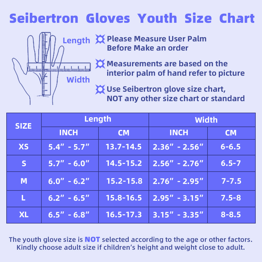 Seibertron SPSG UV youth gloves size chart