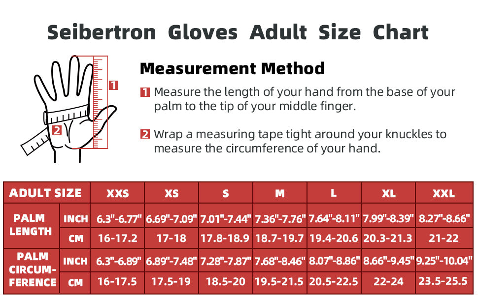 Seibertron S.O.L.A.G-HI 2.0 half index finger gloves size chart