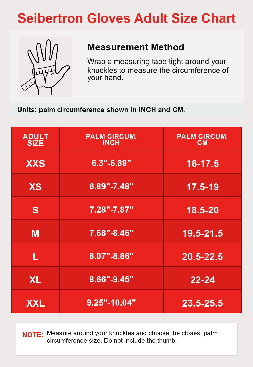 Seibertron T.H.F.I.G half finger tactical gloves vertical size chart