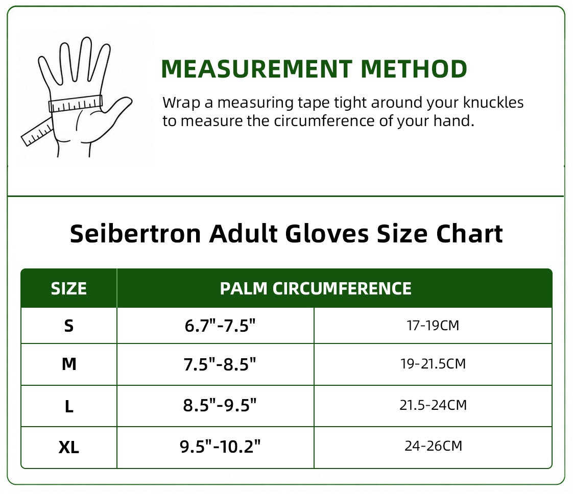 Seibertron Carbon Fiber Hard Knuckle adult motorcycle gloves palm circumference size chart with hand measurement method