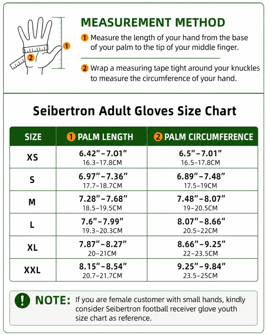 Seibertron climbing and sailing long finger gloves adult size chart with hand measurement method