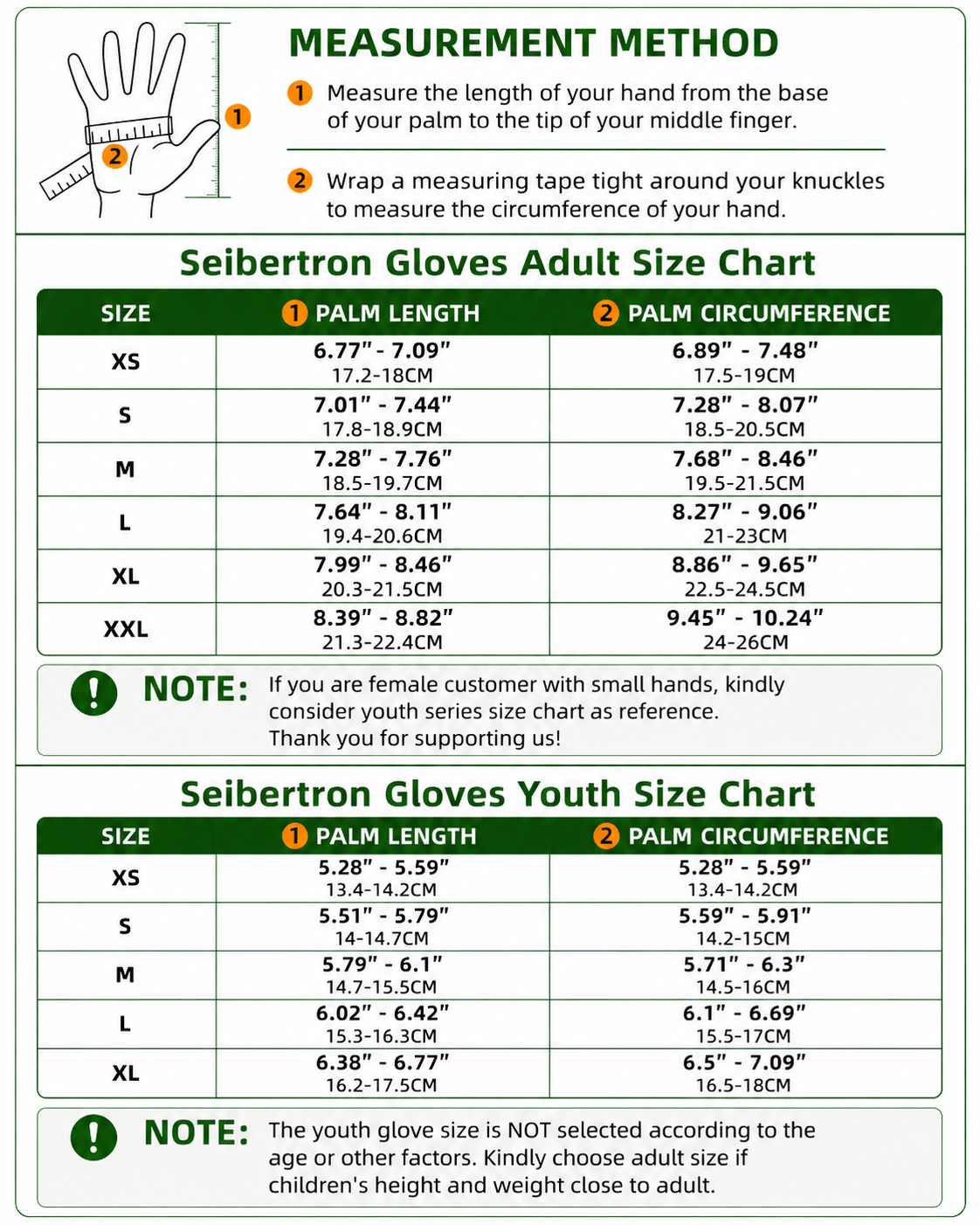 Seibertron F.O.D.G.G 2.0 adult and youth flying disc gloves size chart with hand measurement method