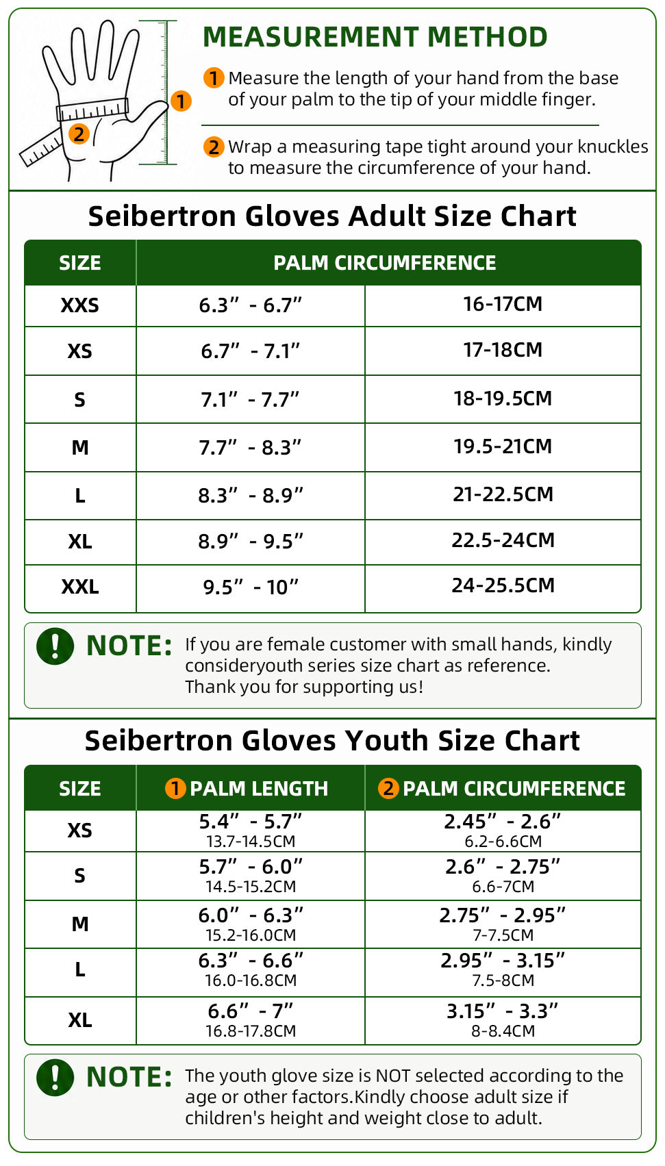 Seibertron F.O.D.G.G 2.0 adult and youth flying disc gloves size chart with hand measurement method