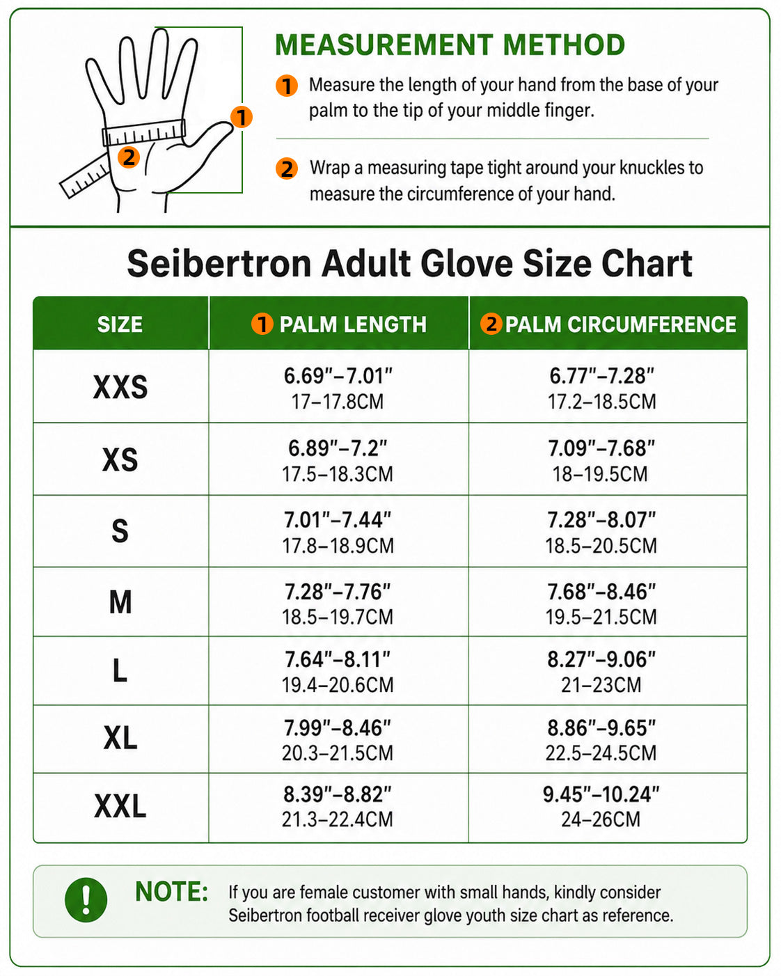 Seibertron H.P.I.R.G football receiver gloves adult size chart with hand measurement method