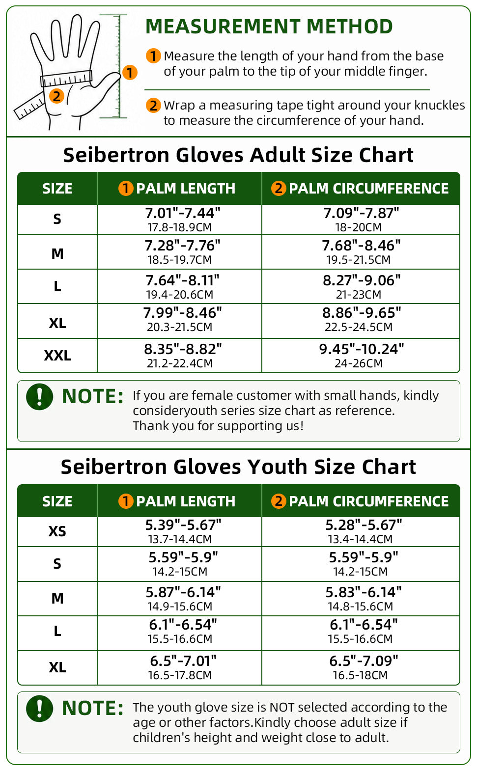 Seibertron full finger football lineman gloves adult and youth size chart with hand measurement method