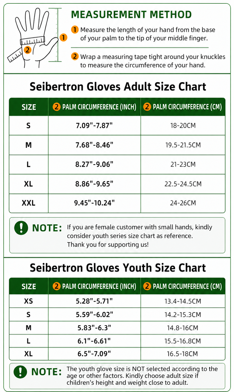 Seibertron half finger football lineman gloves adult and youth size chart with hand measurement method