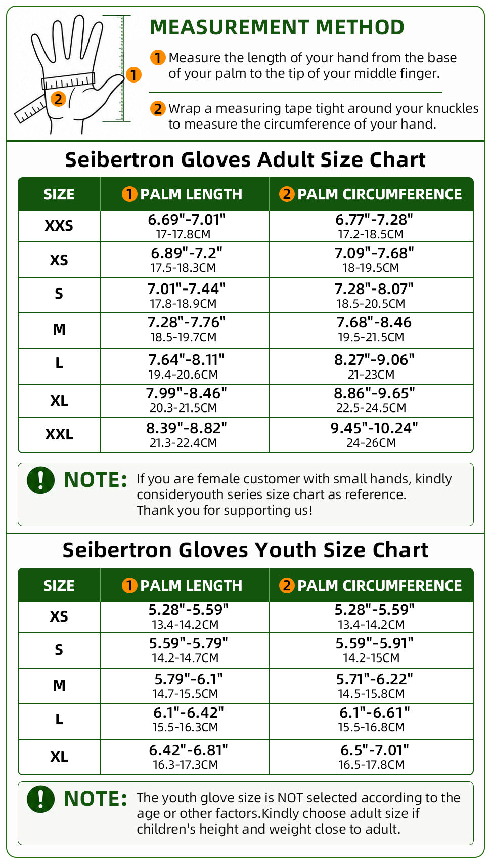 Seibertron PRO 3.0 adult and youth football receiver gloves size chart with hand measurement method