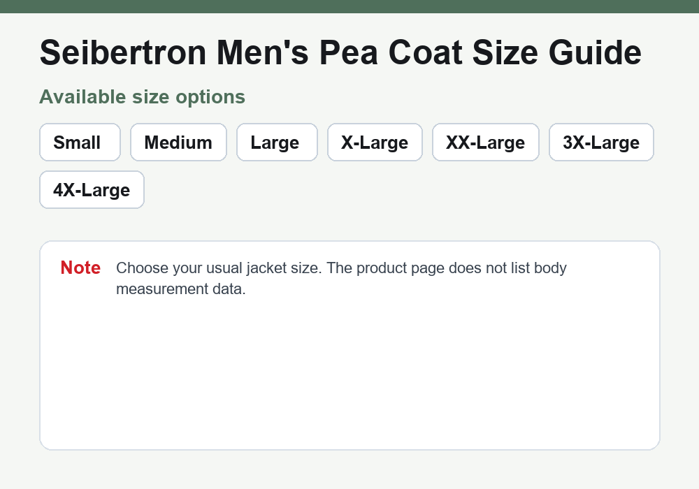 Seibertron pea coat size options guide