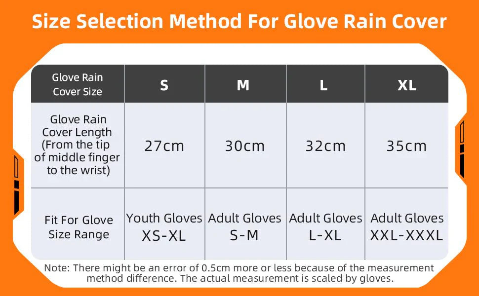 Seibertron motorcycle glove rain cover size selection chart S to XL with cover length and glove fit range