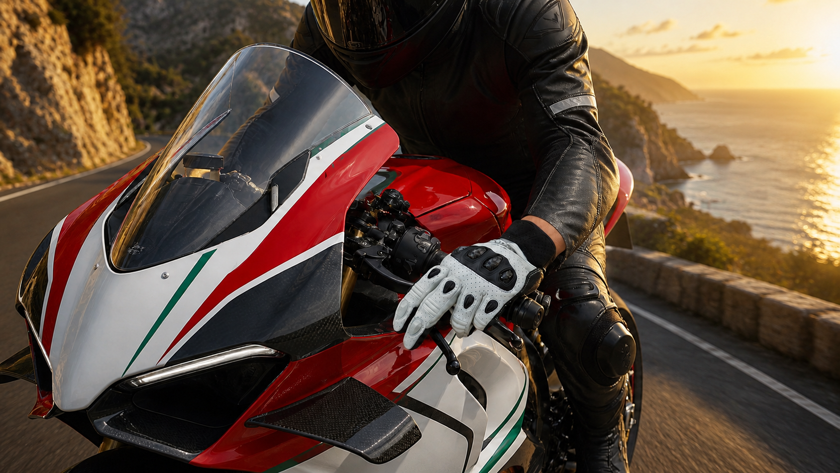 Motorcyclist wearing gloves on a coastal road