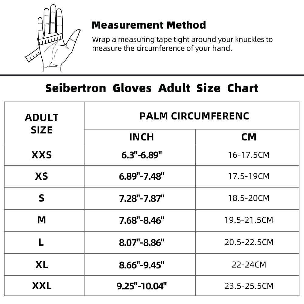 Seibertron S.O.L.A.G 2.0 half finger tactical adult gloves size chart with palm circumference measurement method