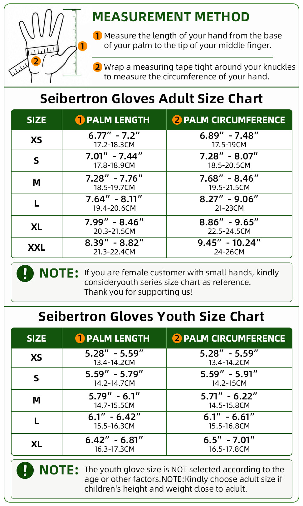 Seibertron S.P.B.G 2.0 adult and youth baseball batting gloves size chart with hand measurement method