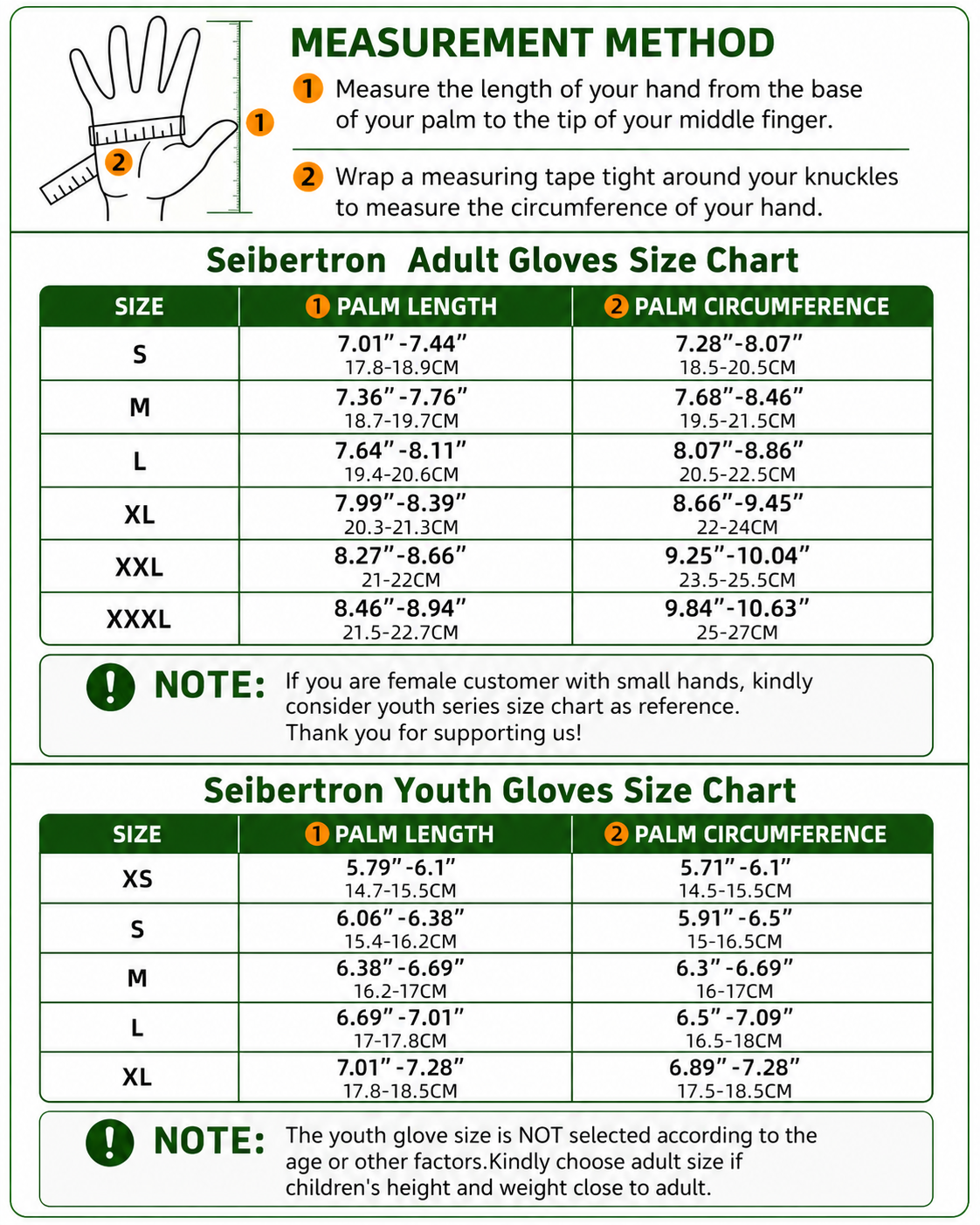 Seibertron SPS-2 Plus adult and youth motorcycle gloves size chart with hand measurement method