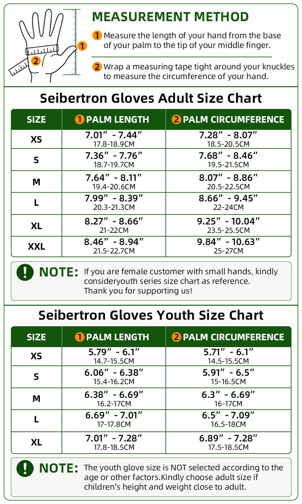 Seibertron SPS-4 Plus adult and youth motorcycle gloves size chart with hand measurement method