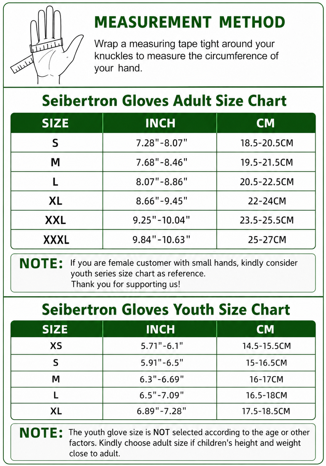 Seibertron SPS-5 half finger adult and youth motorcycle gloves size chart with palm circumference measurement method