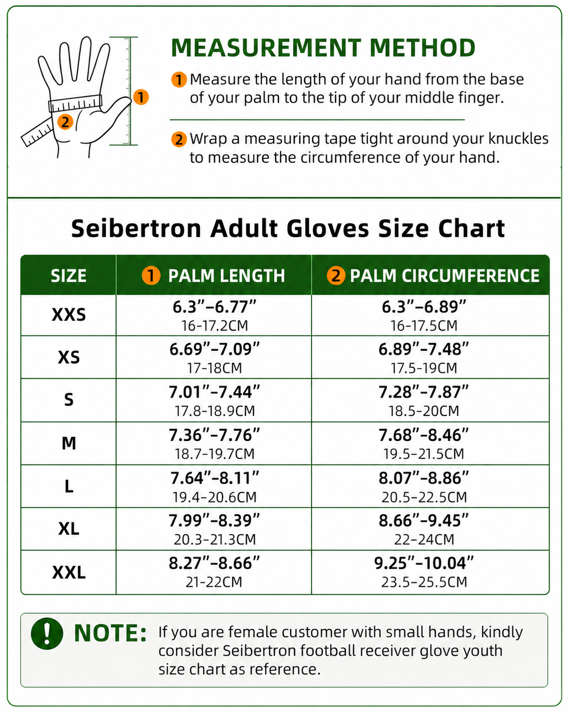 Seibertron T.F.F.I.G 2.0 tactical long finger adult gloves size chart with hand measurement method