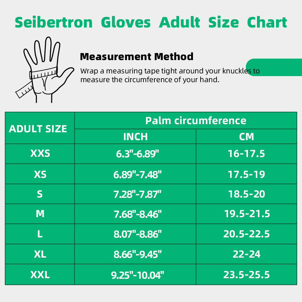 Seibertron T.T.F.I.G 2.0 tactical fingerless gloves vertical size chart
