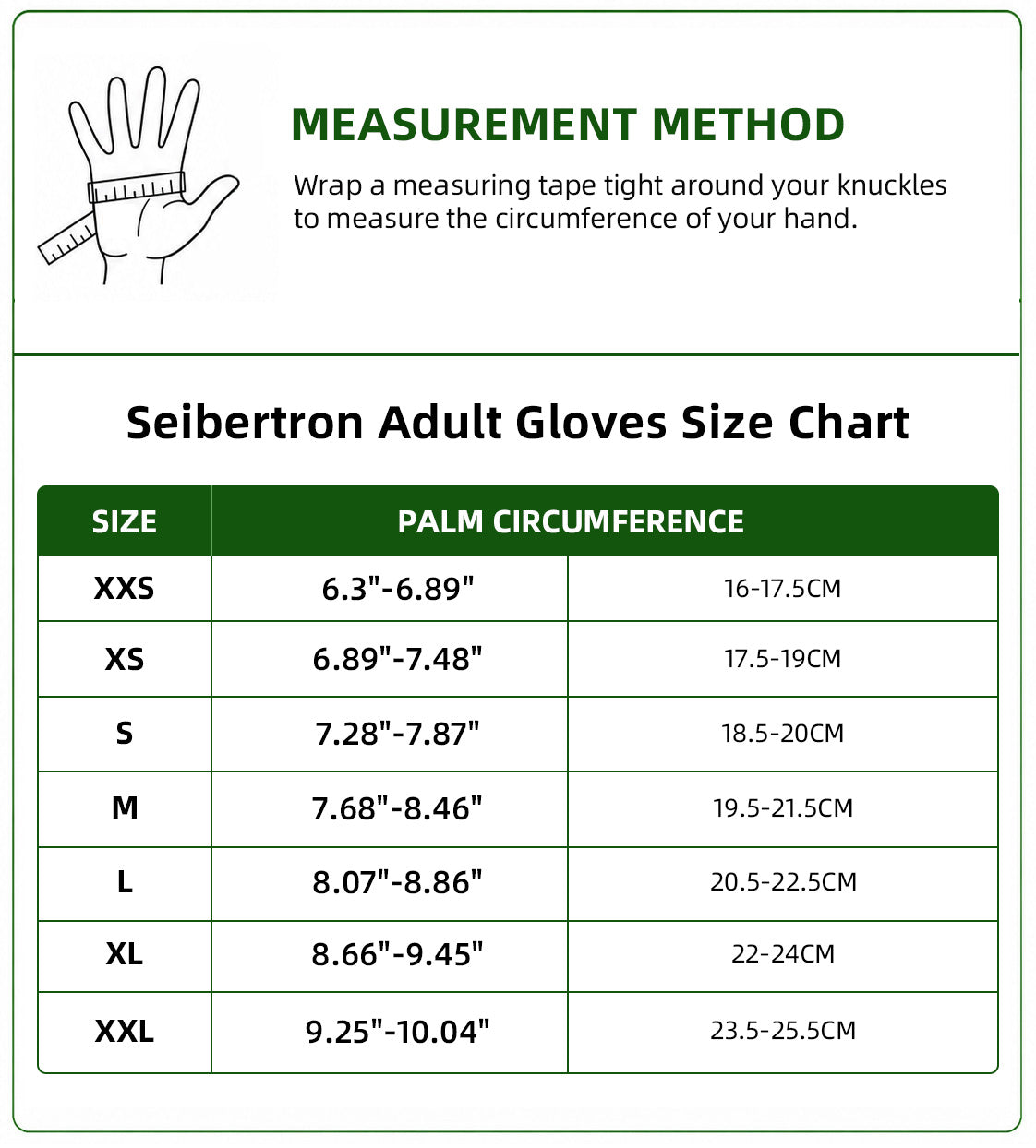 Seibertron T.T.F.I.G 2.0 fingerless tactical adult gloves size chart with palm circumference measurement method